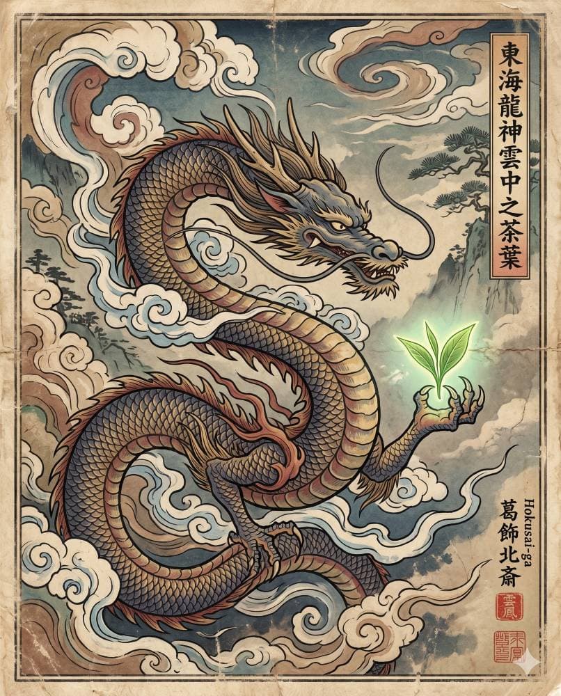 Smok trzymający listek herbaty — grafika w stylu ukiyo-e
